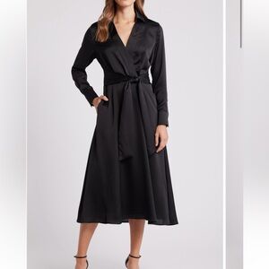 $149 Tahari ASL Long Sleeve Hammered Satin Wrap Front black Shirt dress 4